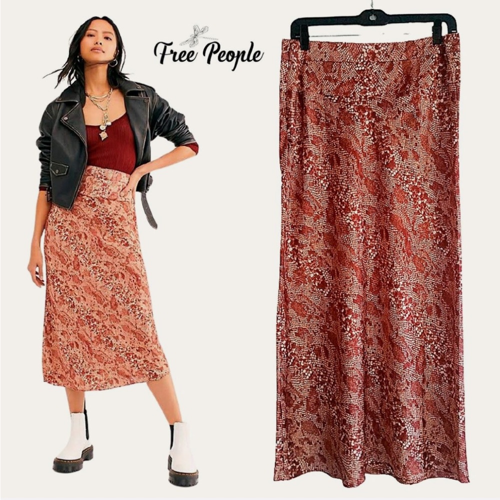 Free People Normani Snake Print Silky A-line Skirt Rust/Cream 0